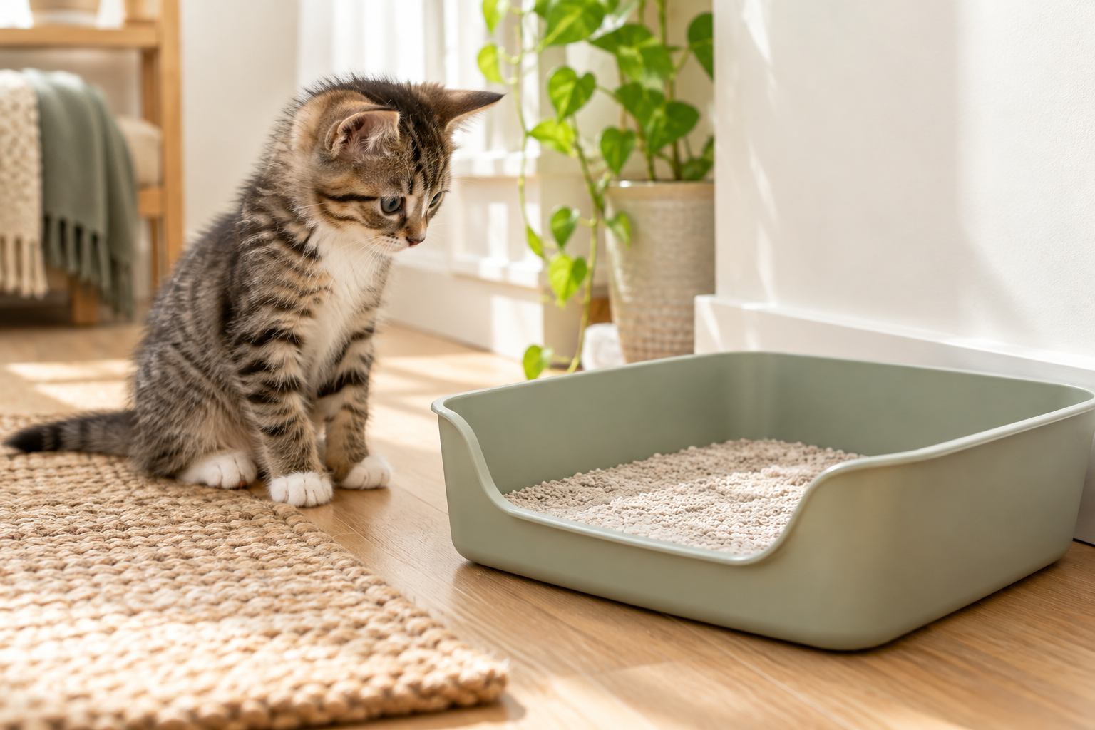 AI-generated illustrative scene of a kitten inspecting an open litter tray