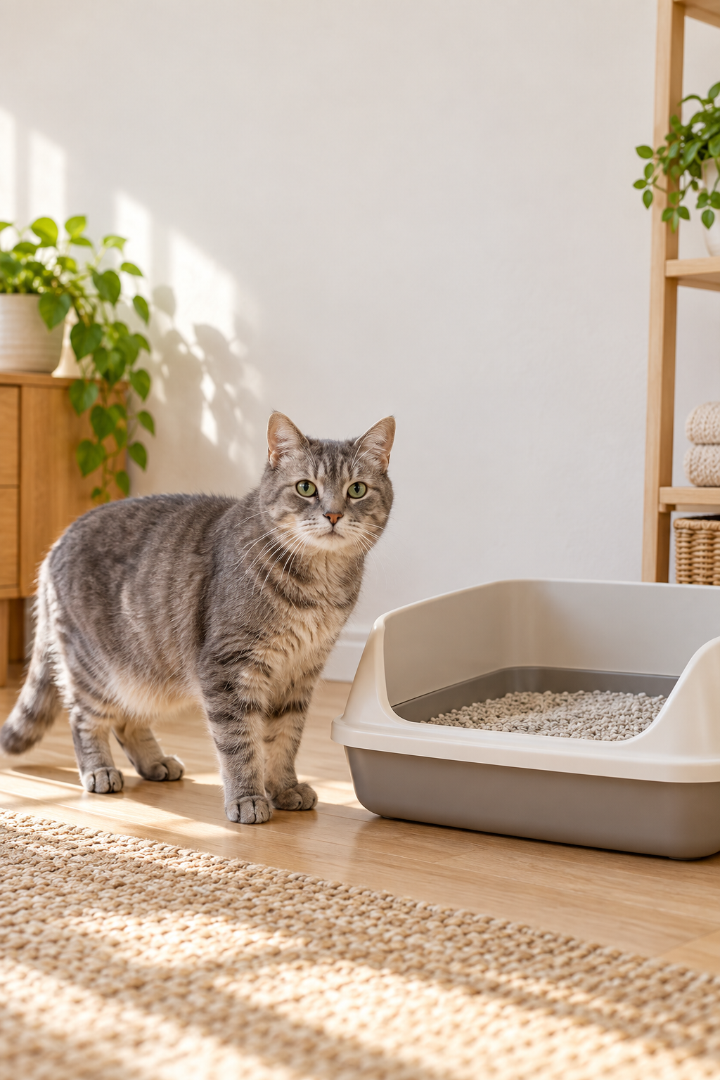 Illustrative AI-generated image of a gray senior cat beside a low-entry litter box